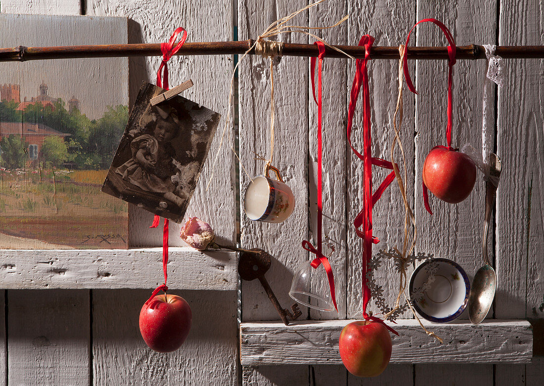 Red apples and old kitchen utensils hung from branch in front of wooden wall
