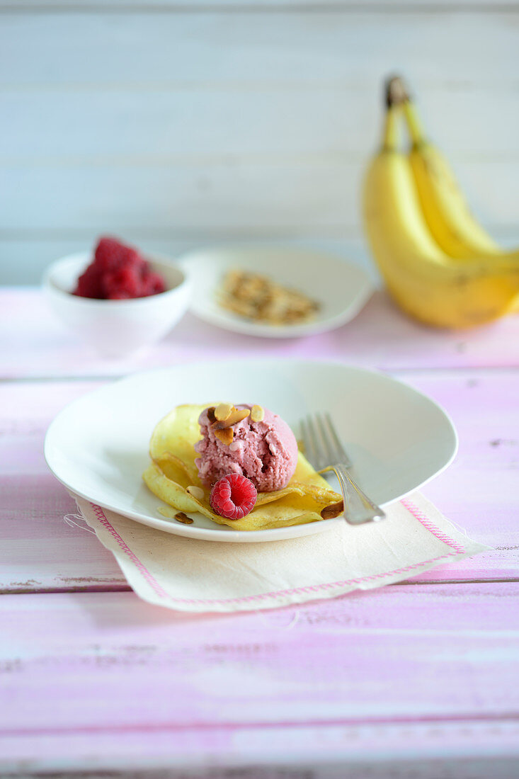 Pancakes with raspberry ice cream