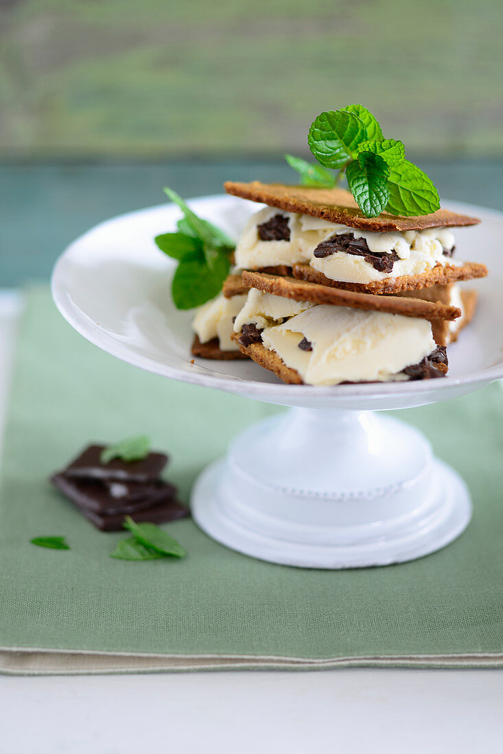 Ice cream biscuit sandwiches with chocolate and mint