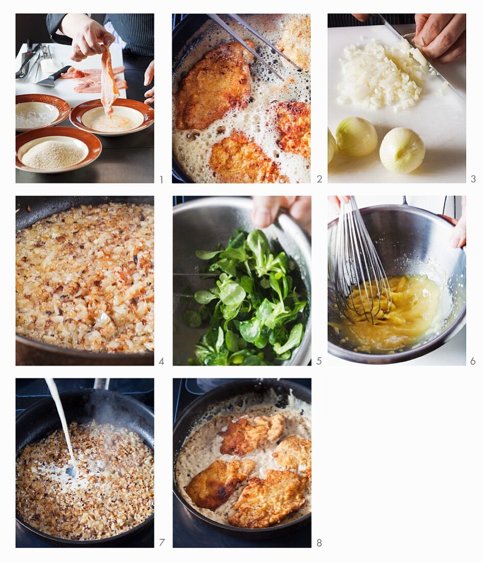 Escalope with a creamy onion sauce with lamb's lettuce being made