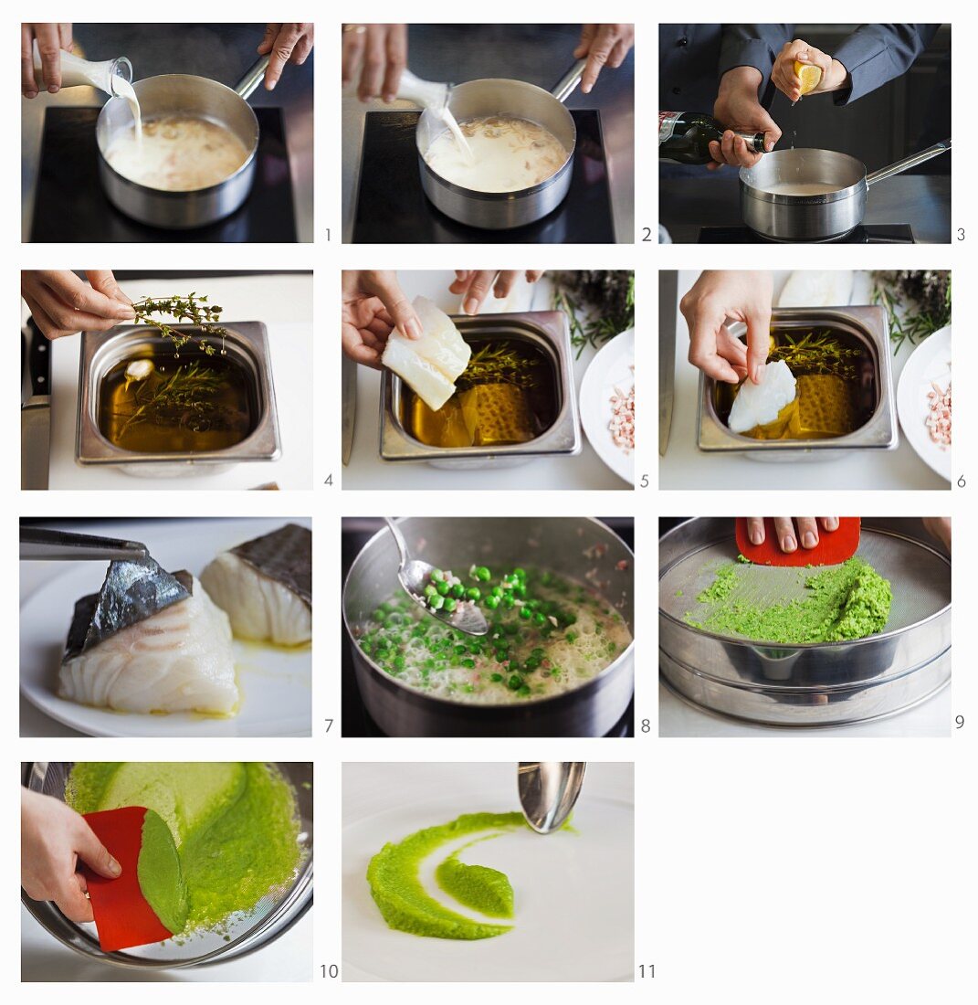 Cod fillet with mushy peas being made