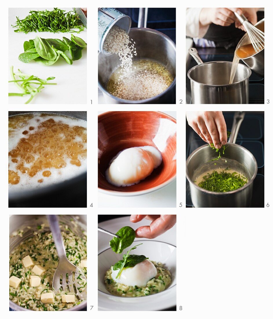 Risotto with poached egg being made