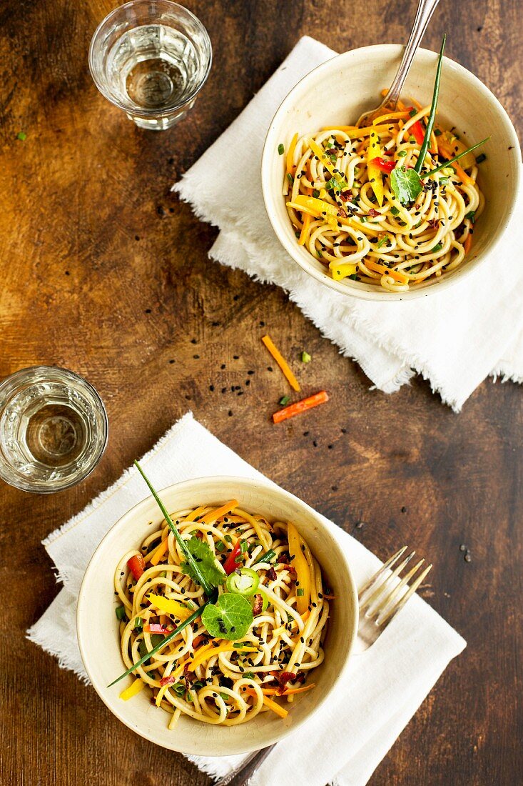 Asian Sesame Pasta Salad served with white wine