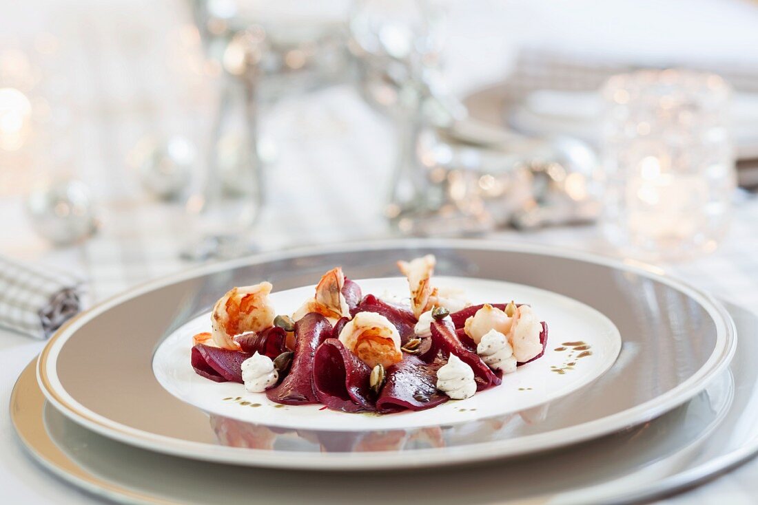 Beetroot carpaccio with prawns for Christmas