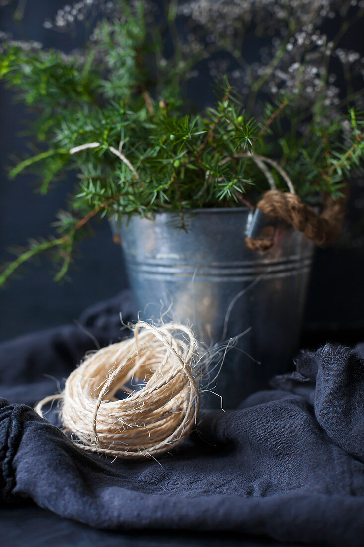 Natural cord on blue fabric