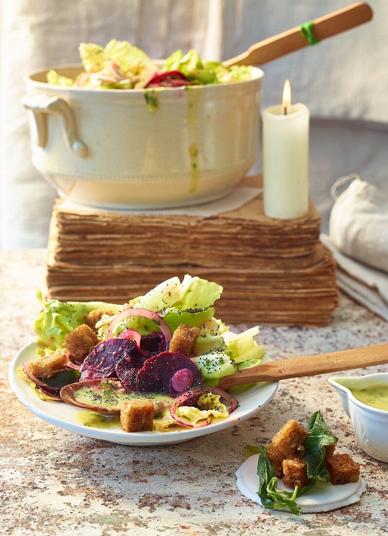 Chicory salad with a warm potato dressing