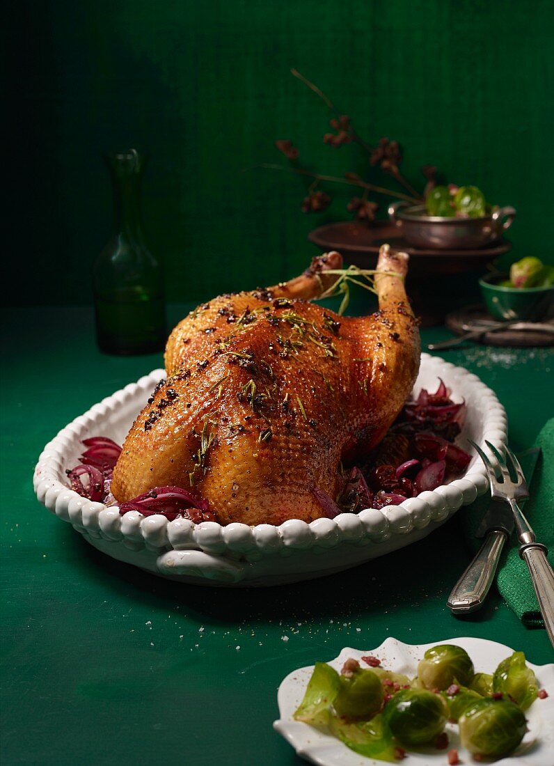 Marinated juniper and rosemary goose with a nut and bread stuffing