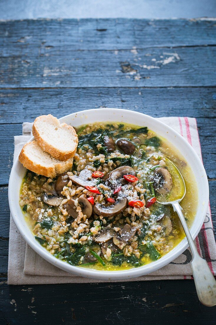 Spelt and mushroom soup with chard and chilli