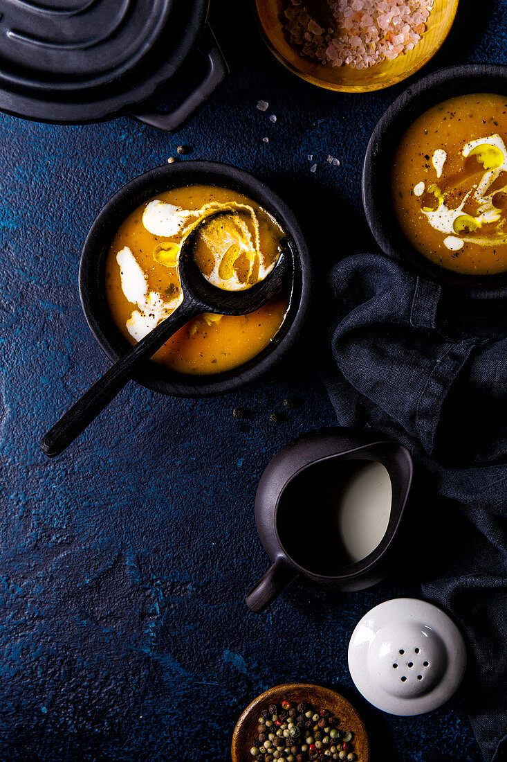 Pumpkin soup with cream and olive oil