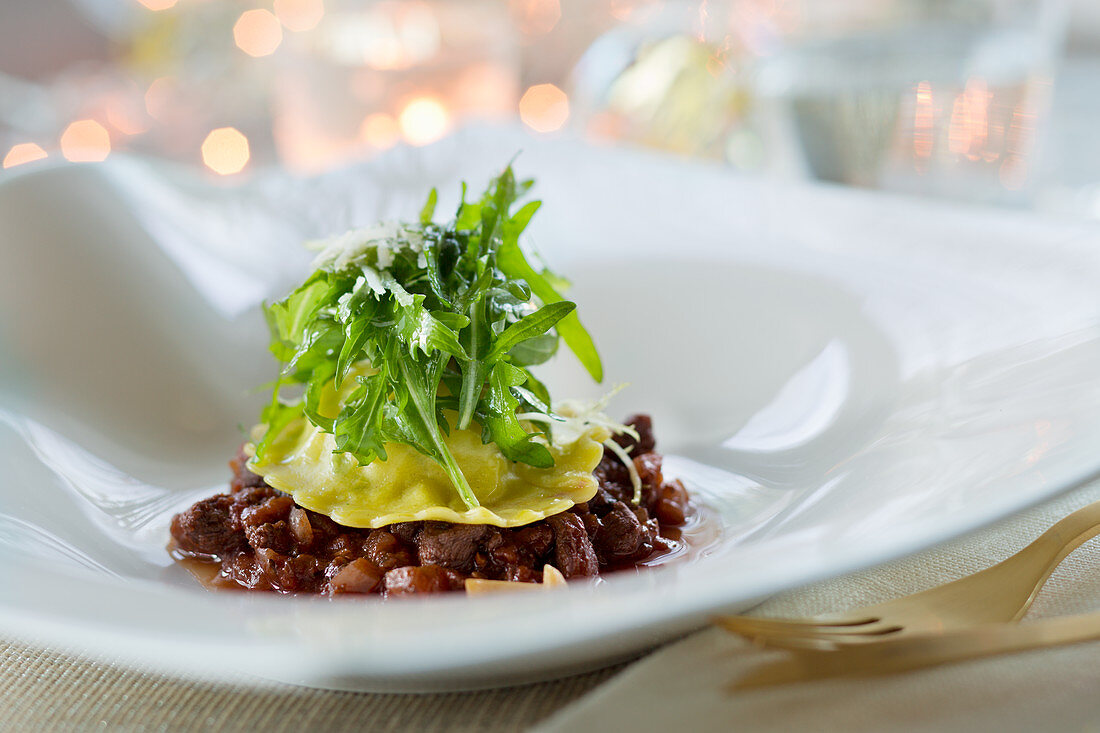 Kartoffelravioli mit Rucola (weihnachtlich)