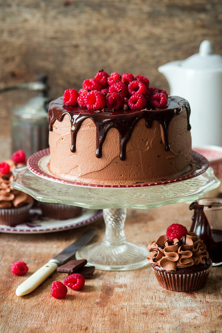 Chocolate cake with chocolate icing and raspberries