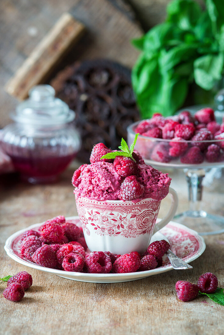 Raspberry ice cream served in a red and white porcelain cup