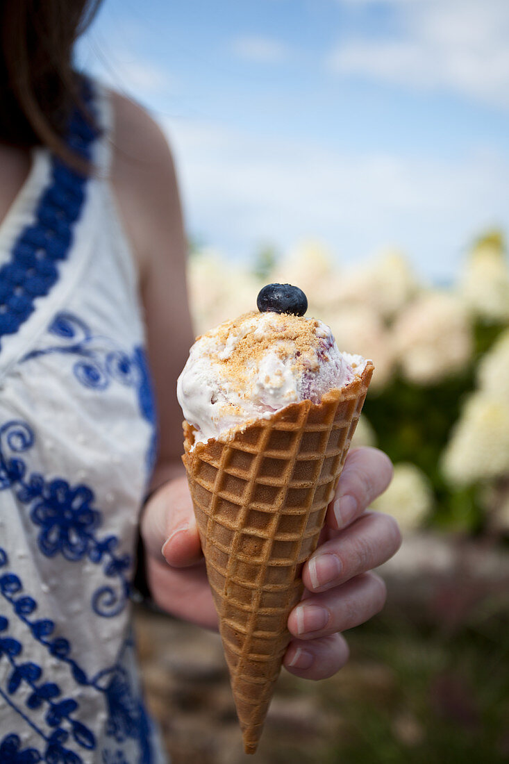 A woman holding a blueberry and vanilla ice cream cone, topped with graham cracker crumbs and a blueberry