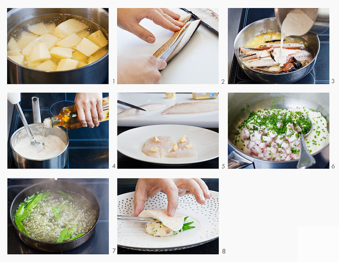 John Dory on mashed potatoes with mange tout being made