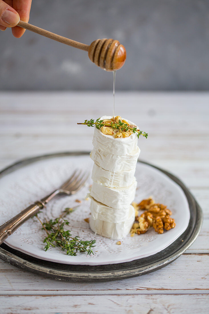 Stacked goat cheese with walnut thyme and honey