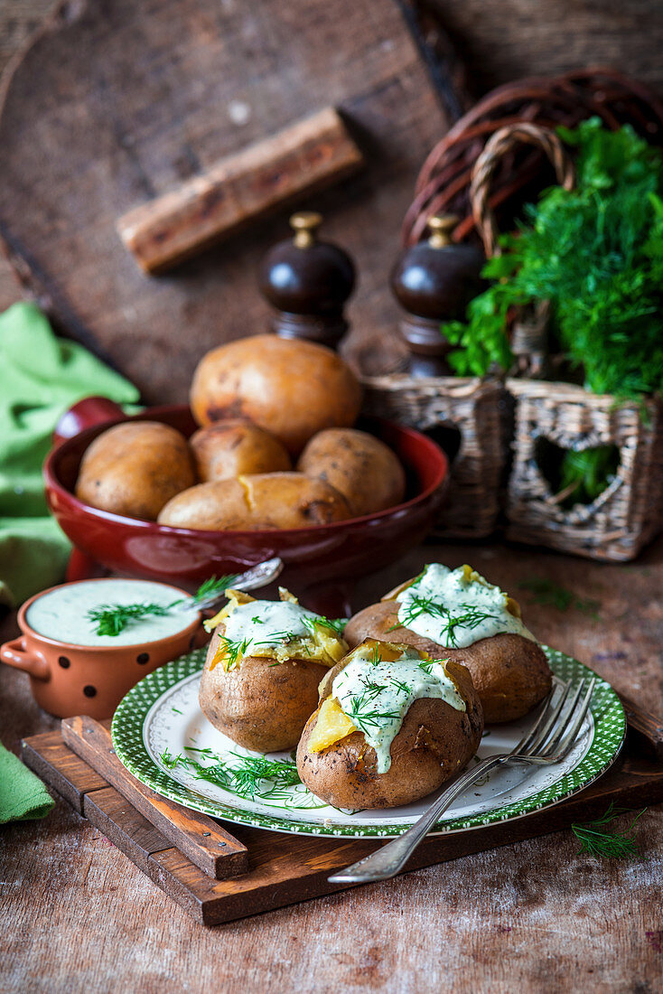 Baked potatoes with sour cream sauce