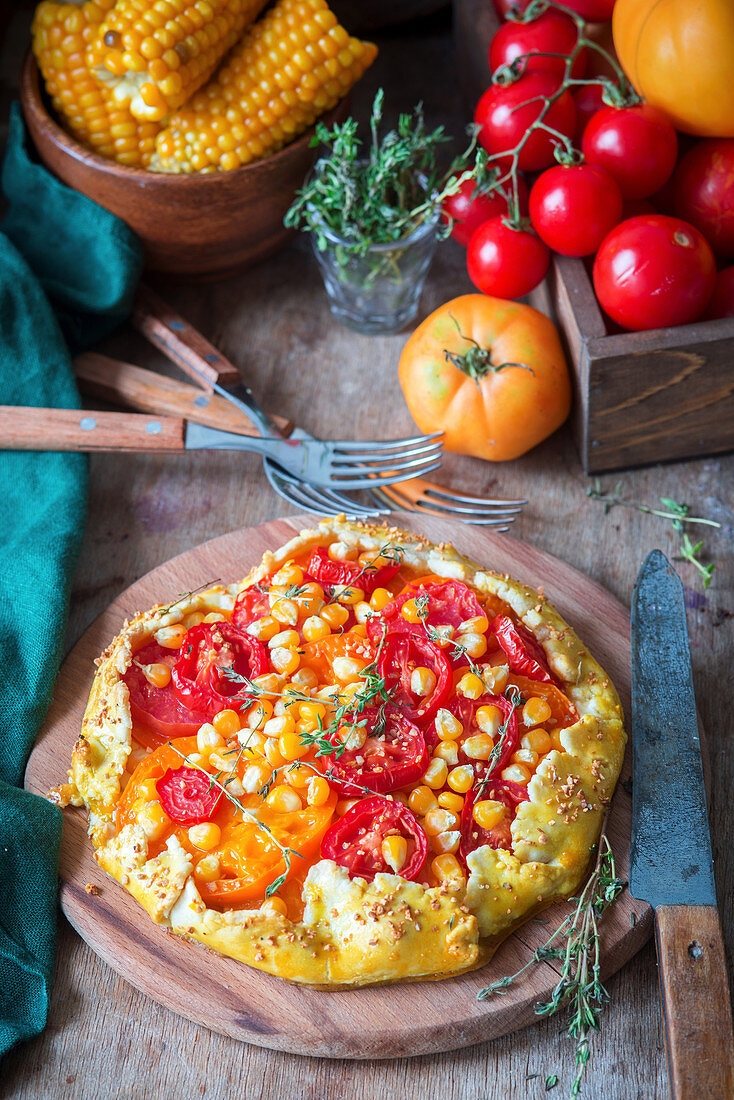 Tomato, cheese and corn pie