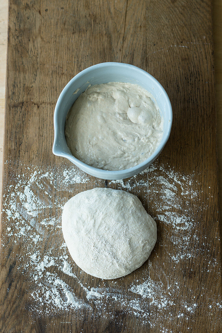 Bread dough before and after being stretched
