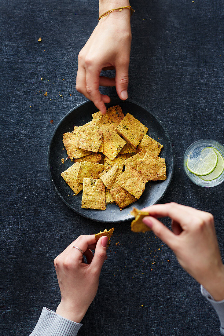Vegan chickpea and chard crackers with turmeric