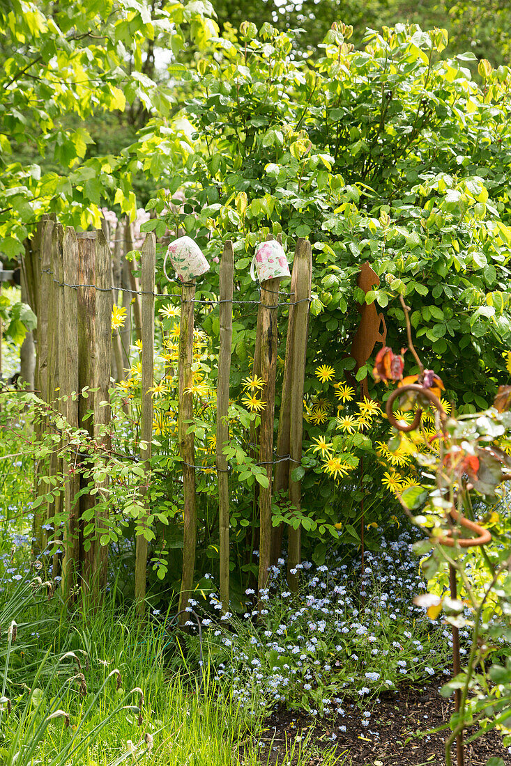 Staketenzaun aus Kastanienholz in frühsommerlichem Garten