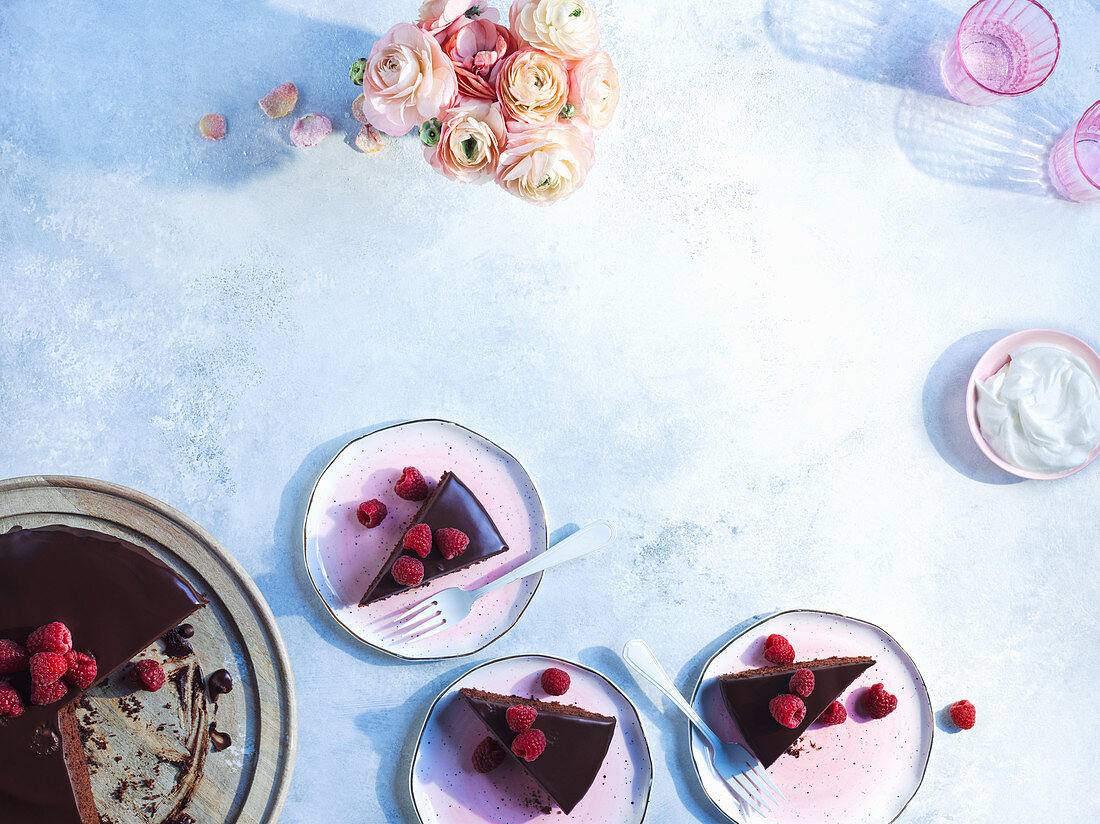 Slices of chocolate cake with raspberries