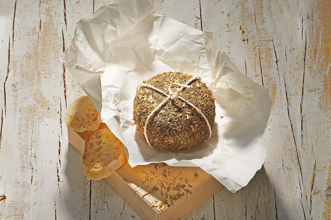 Pecorino mit Kamillenrinde auf weißem Papier mit Spanschachtel