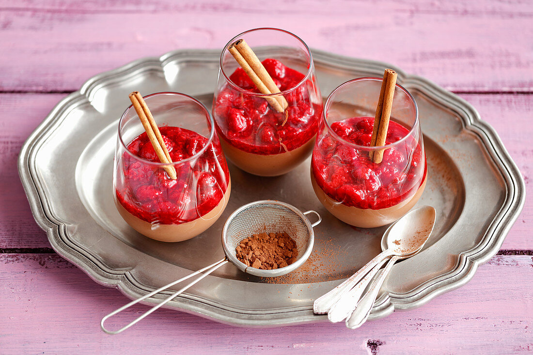 Chocolate mousse with chili, cinnamon and raspberries
