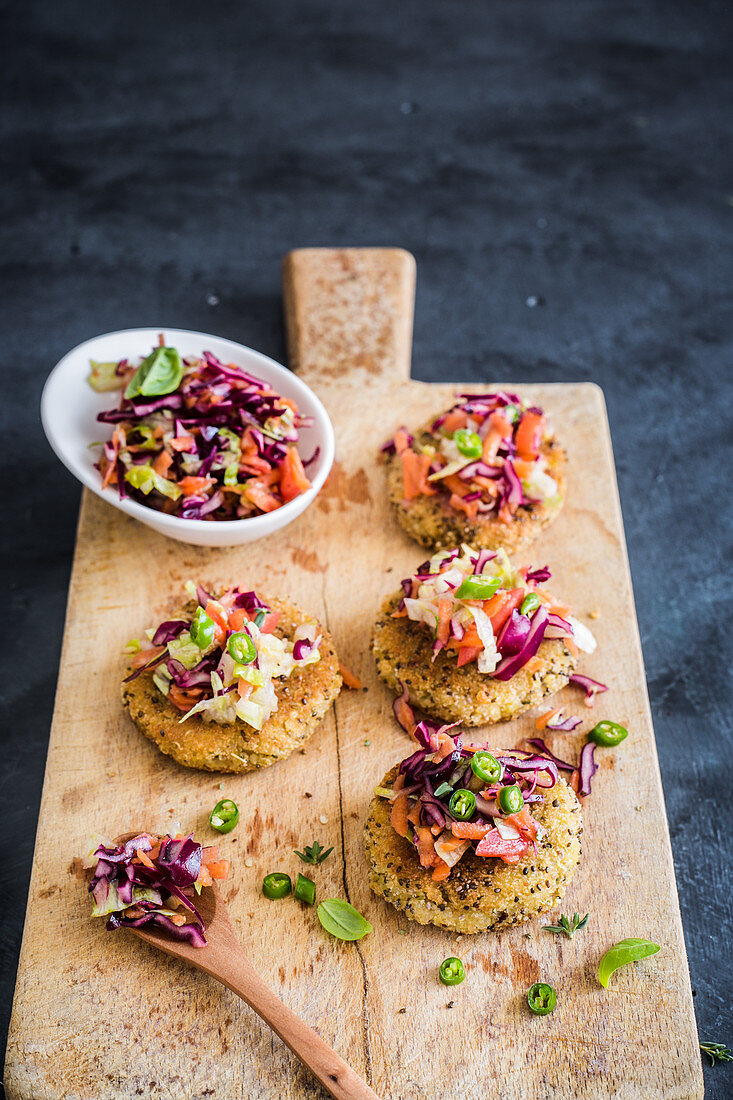 Sesame and potato patties with red cabbage salad