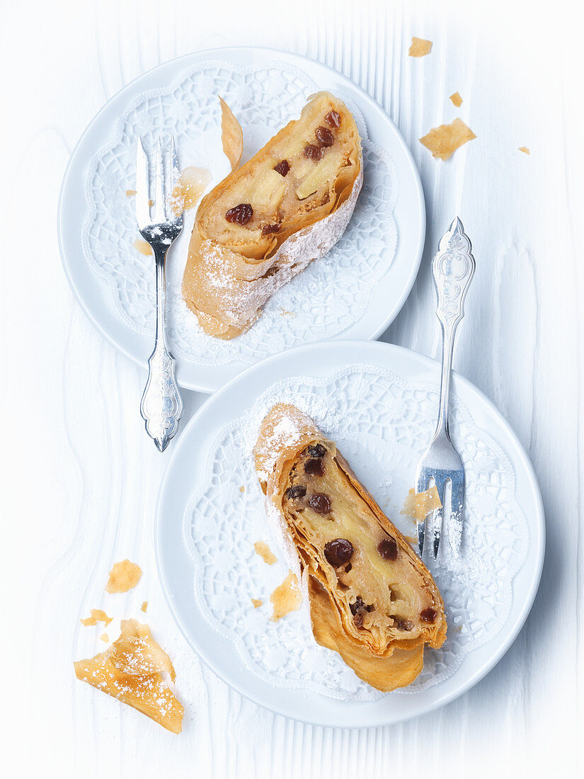 Two pieces of Viennese apple strudel