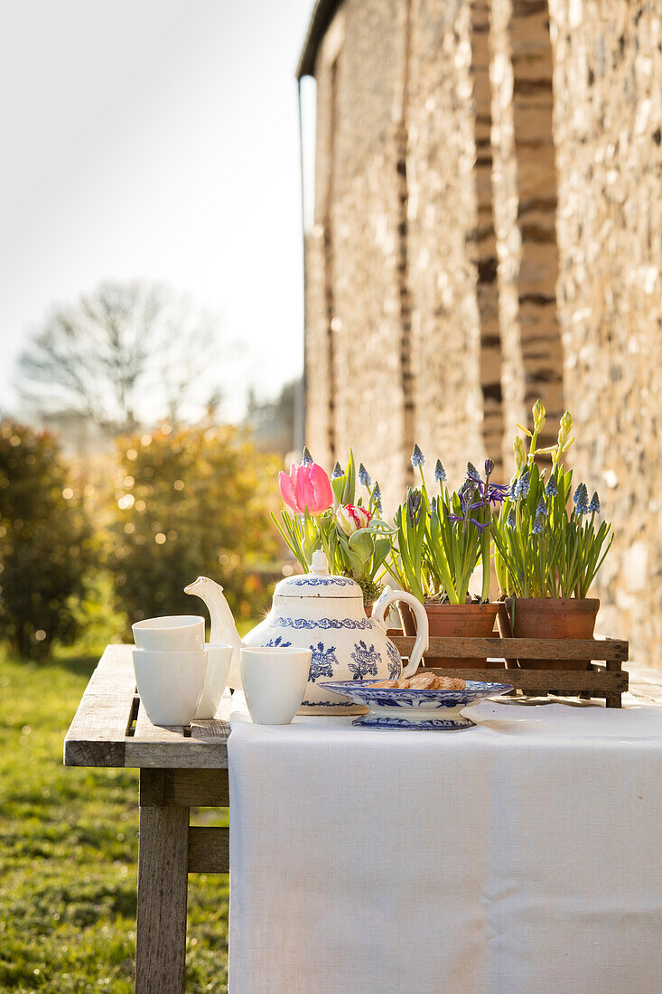 Table set with spring flowers for afternoon coffee in garden