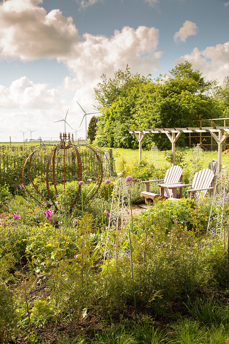 Seating area in front of pergola (Schleswig-Holstein, northern Germany)