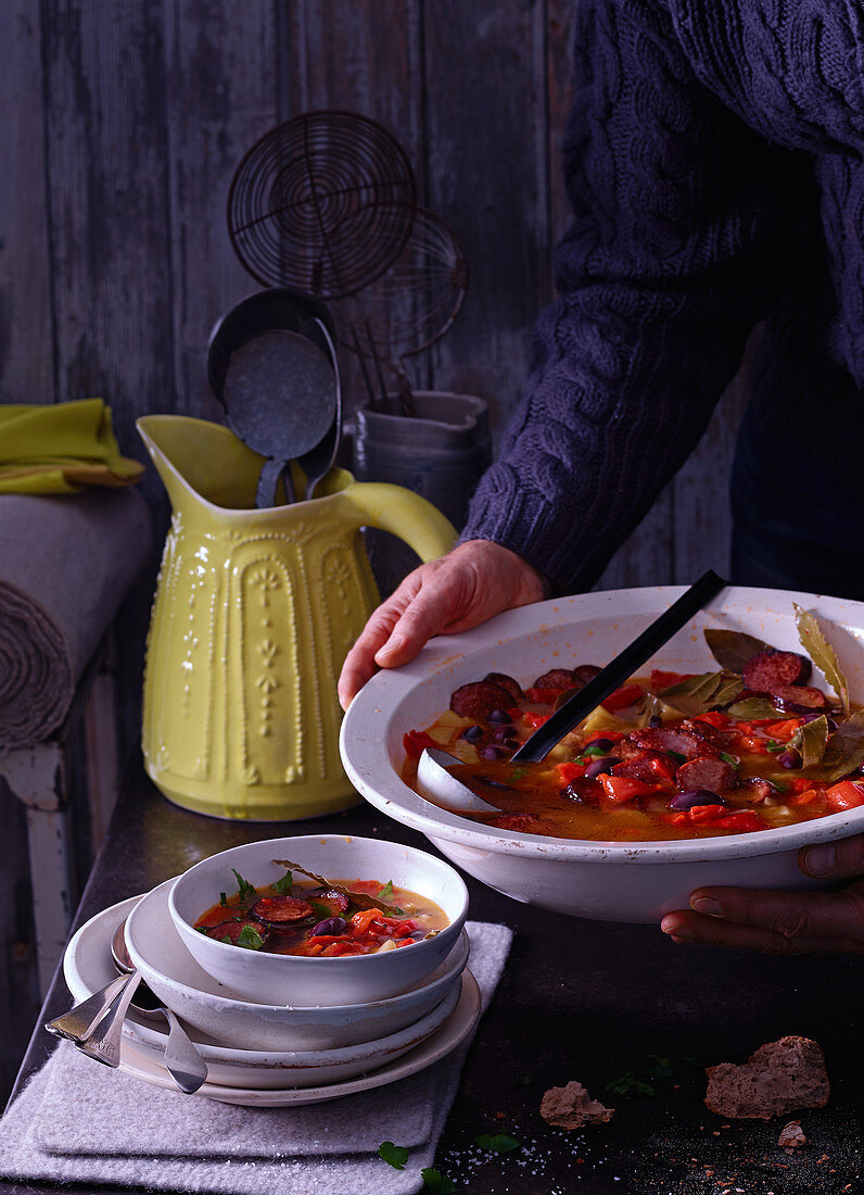 Rustic sausage and paprika soup