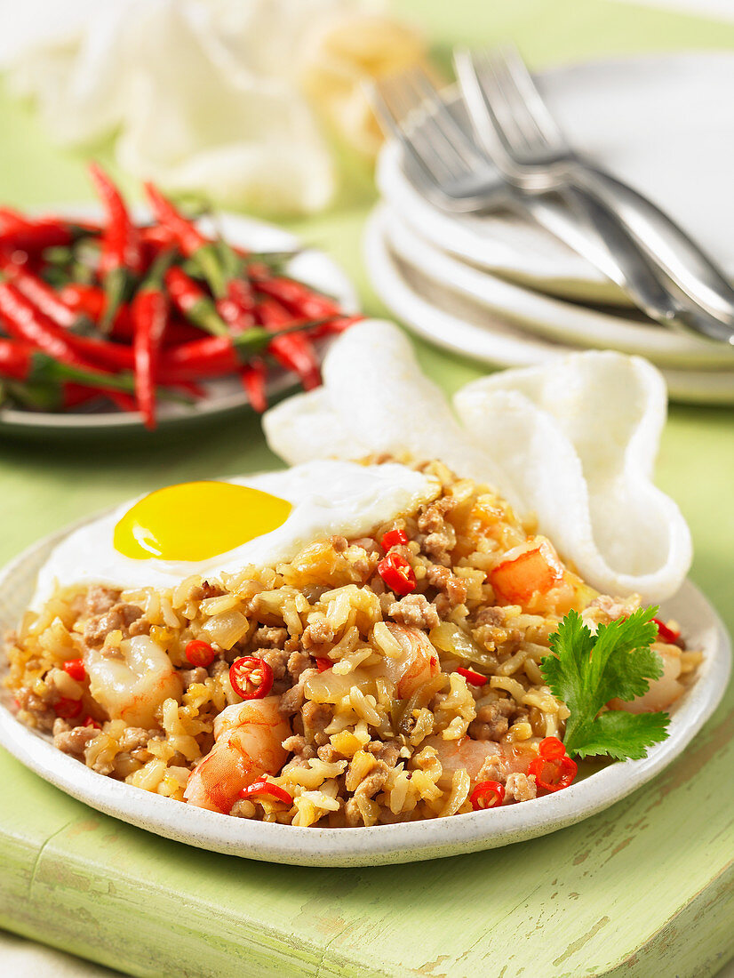 Indonesian fried rice with shrimp and egg