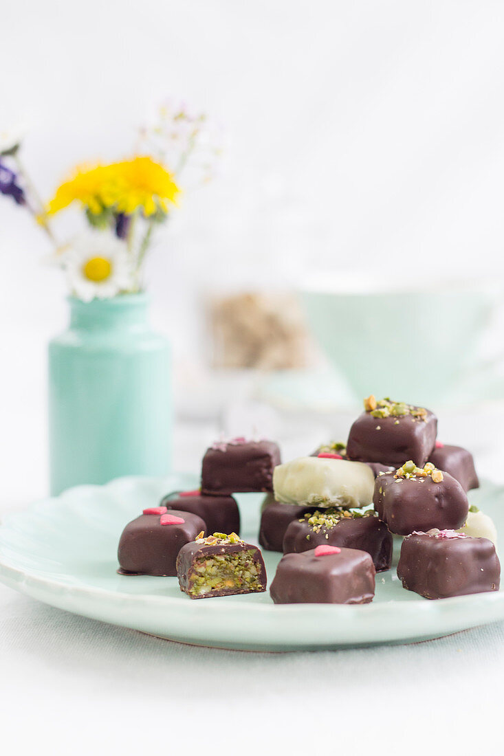 Chocolate pralines with pistachios and marzipan