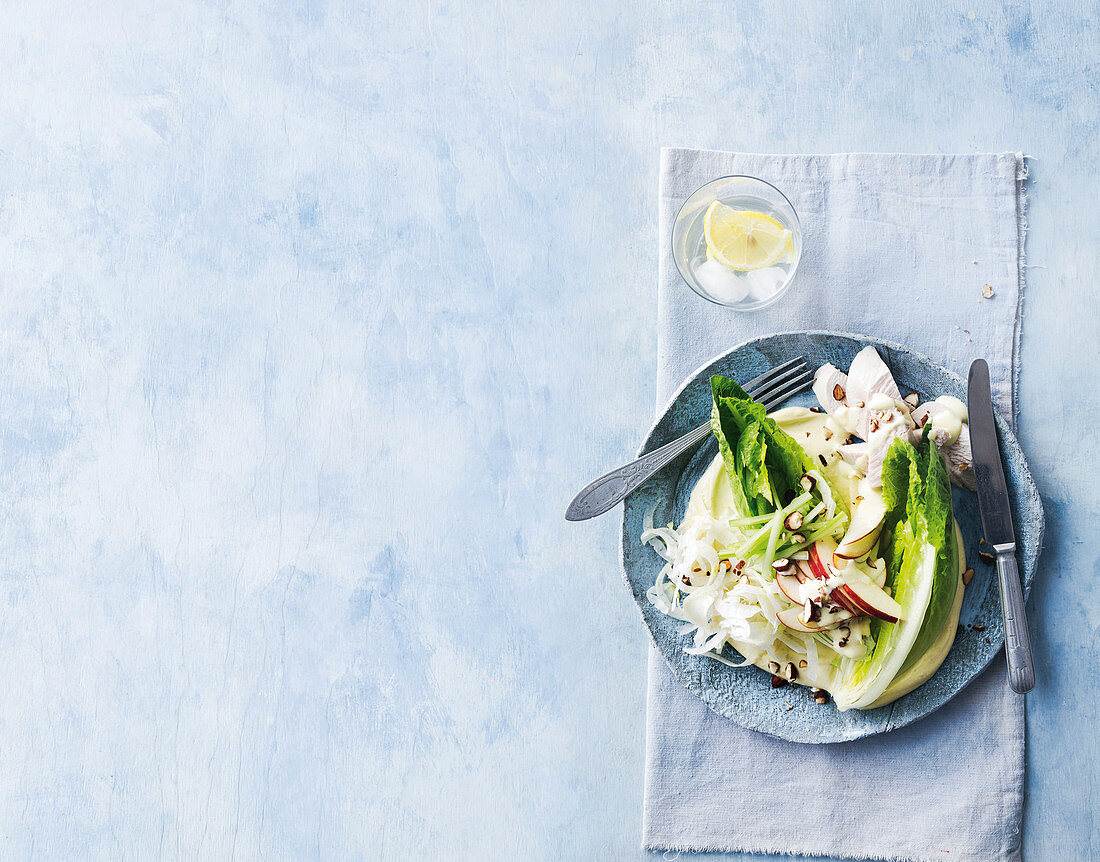 Cos salad with chicken, apple and hazelnuts