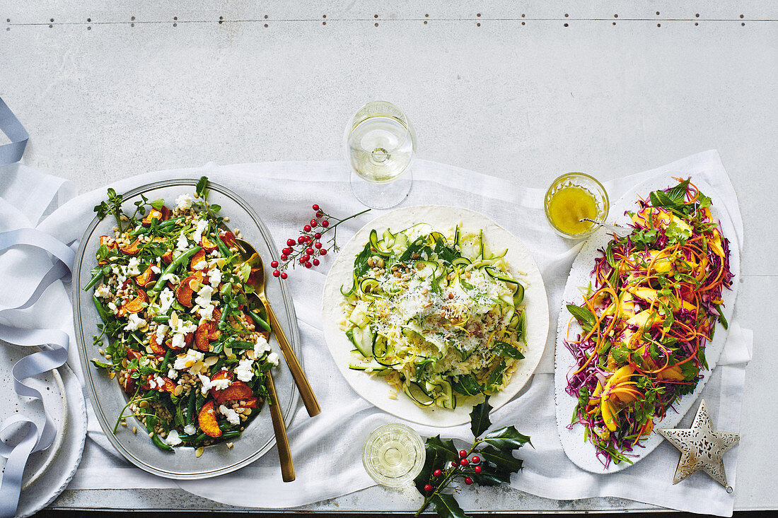 Barley and sweet potato salad with green beans, courgette and risoni salad, and mango and cabbage salad with lime and jalapeño dressing (Christmas)