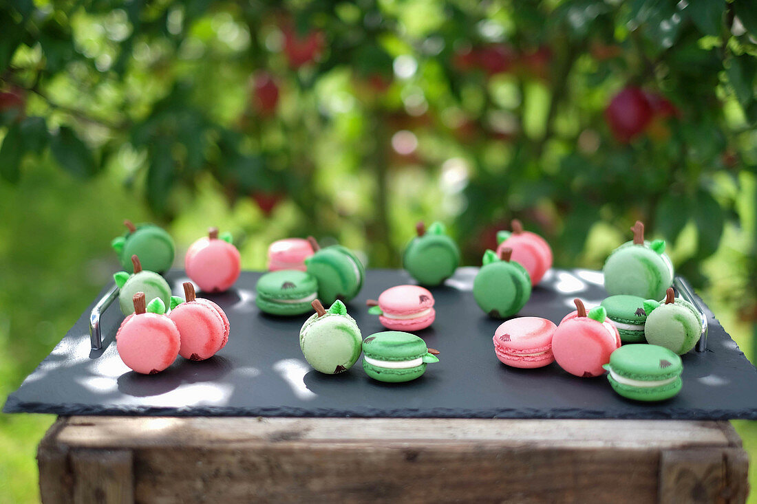Colourful apple and caramel macaroons on a garden table