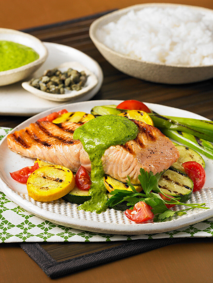 Grilled salmon with vegetables and salsa verde