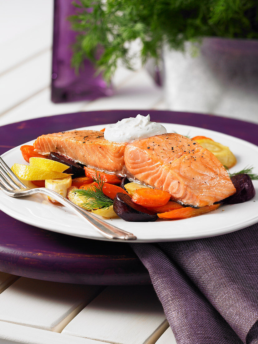 Roast salmon with root vegetables