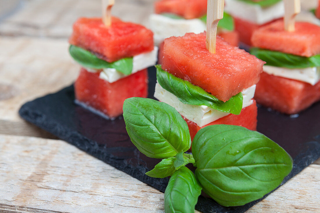 Watermelon and feta cheese on sticks