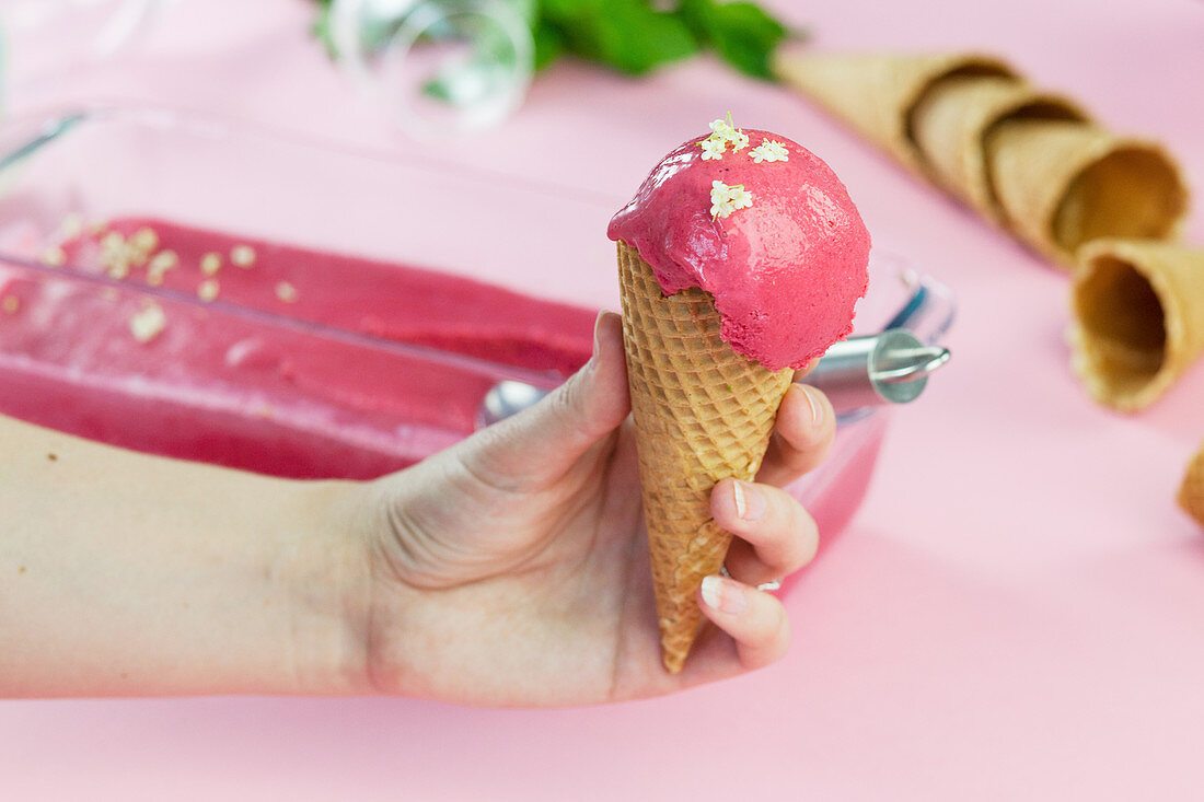 Hugo raspberry ice cream in a cone