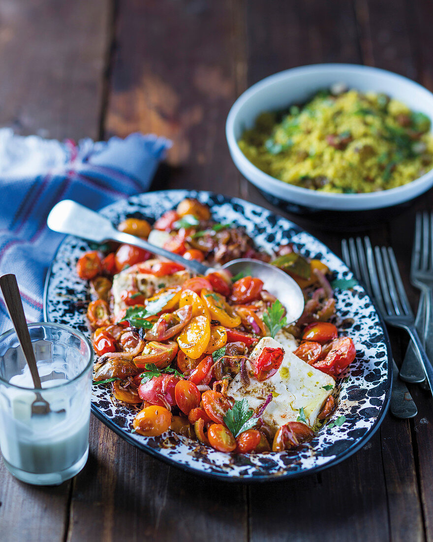 Tomatengemüse mit gebackenem Feta und Couscous