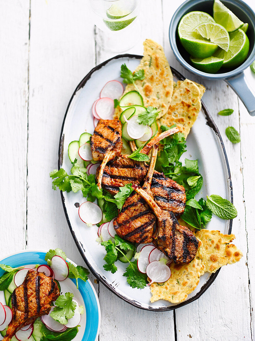 Tandoori lamb chops with spring onion roti