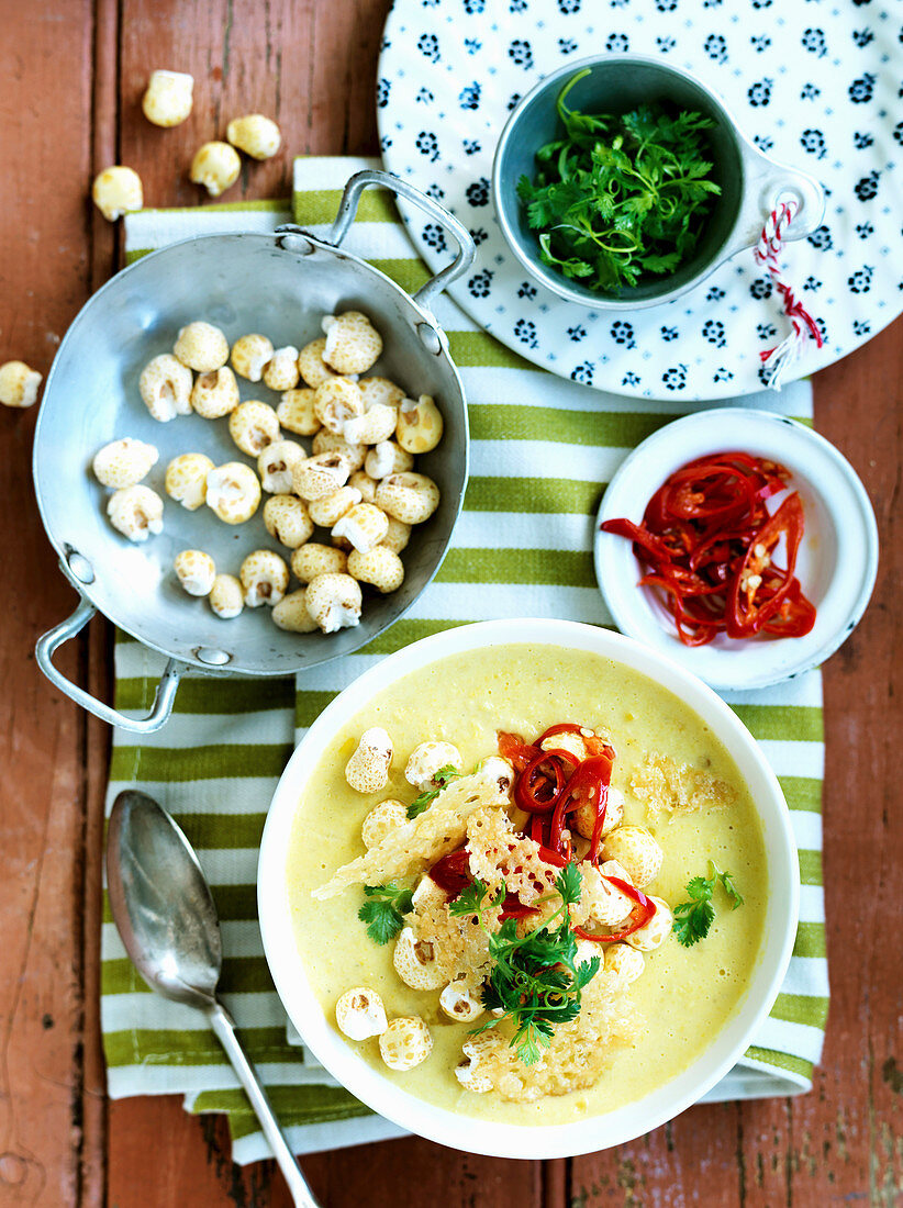Corn Soup with Parmesan Crisps and Chilli