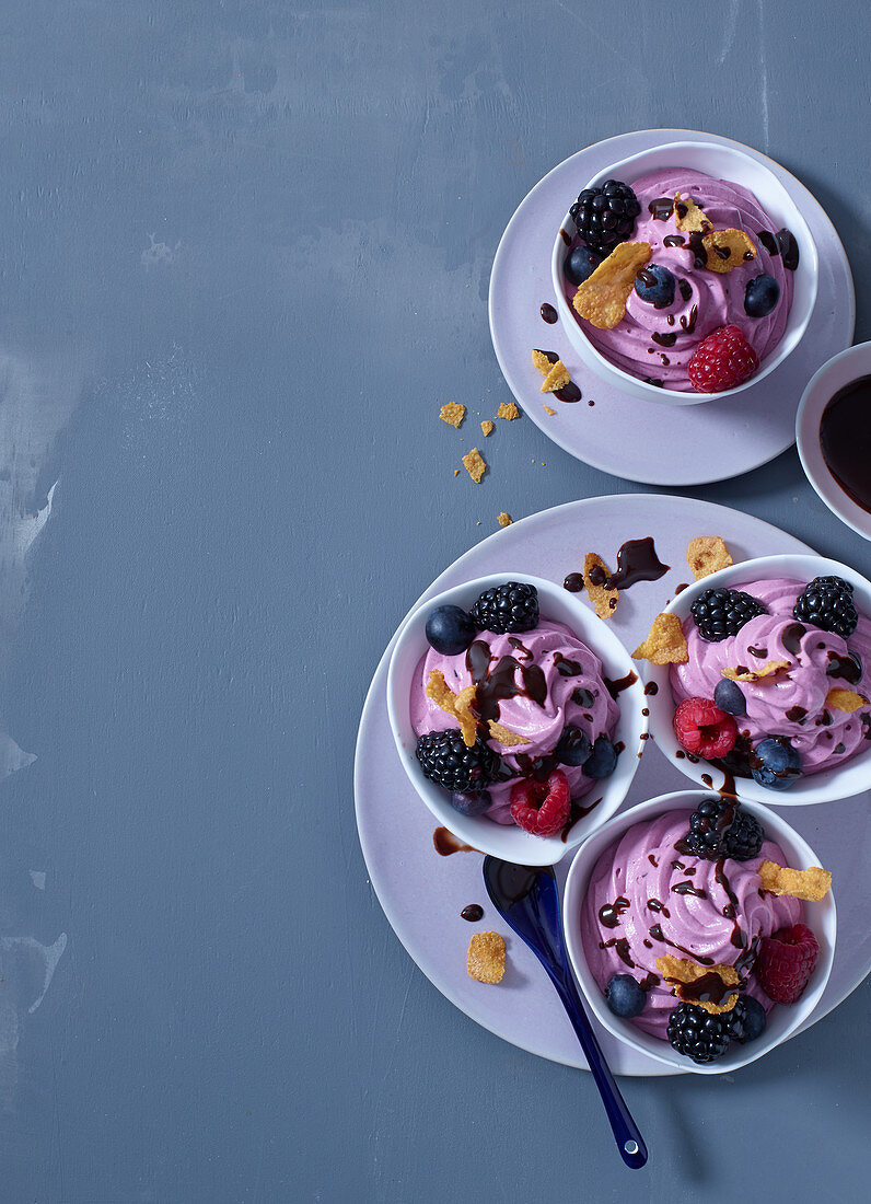 Frozen yoghurt with berries and chocolate sauce