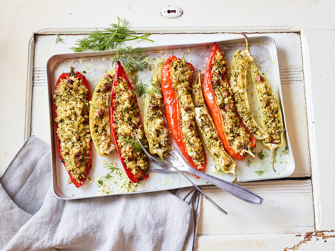 Oven-roasted pointed peppers filled with bulgur and feta cheese