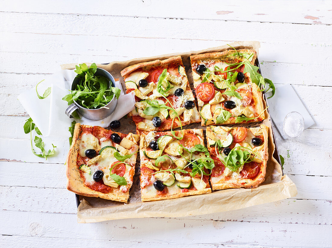 Vegetarian pancake pizza with rocket