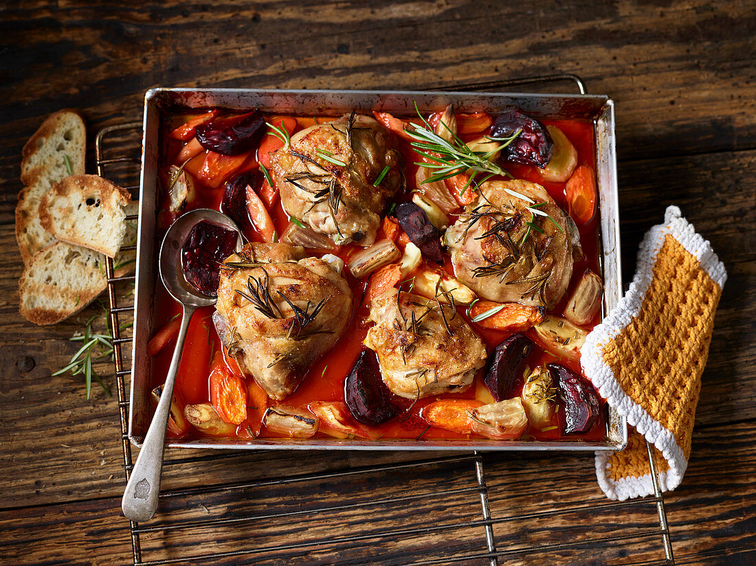 Oven-baked chicken with root vegetables