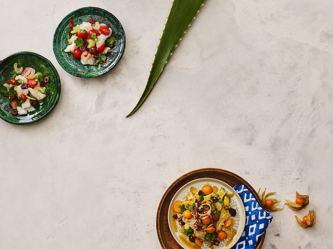 Thai-Ceviche und Ceviche mit Physalis aus Kolumbien