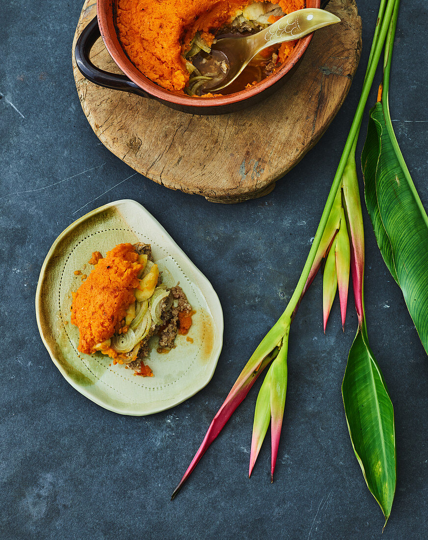 Hawaiian pork pie with a sweet potato topping